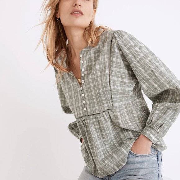 Madewell Tops - Madewell Plaid Bubble Sleeve Peplum Top - NWT! Size M